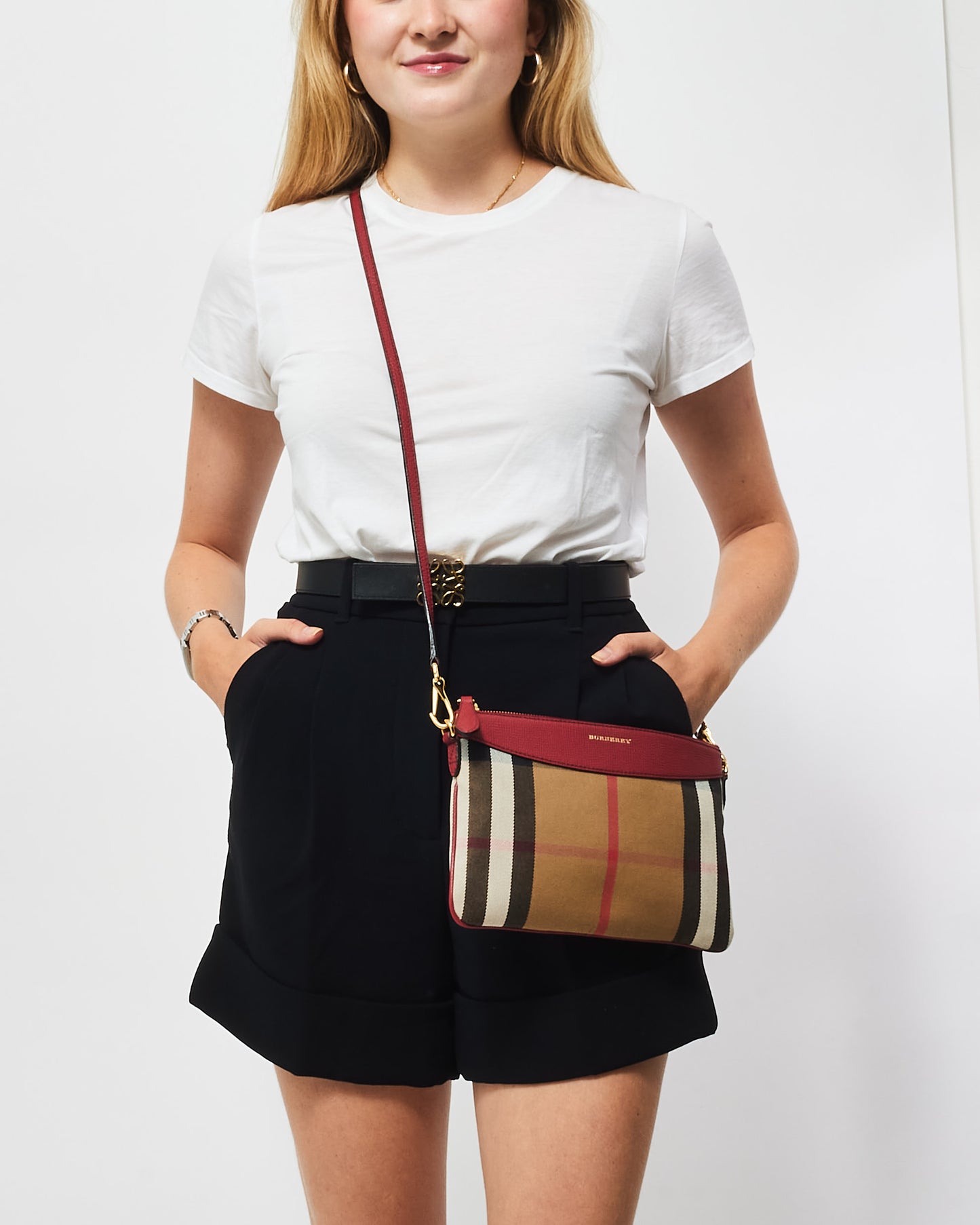 Burberry Red Canvas House Check Derby Peyton Crossbody Clutch Bag