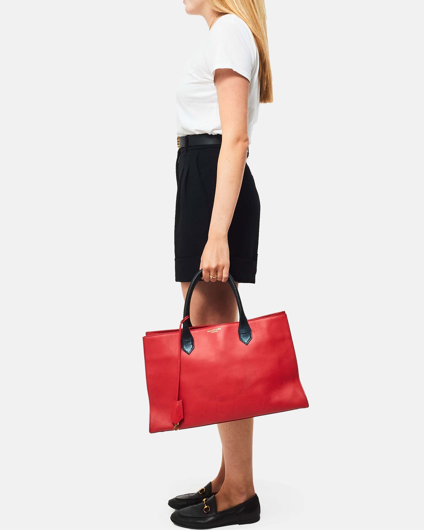 Balenciaga Red Leather Padlock Nude Work S Top Handle Bag