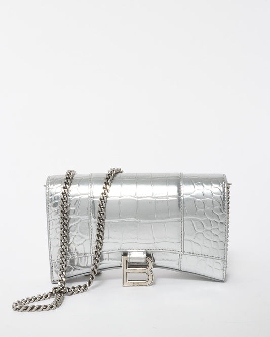 Balenciaga Silver Croc Embossed Hourglass Chain Bag