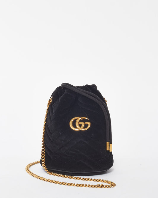 Gucci Black Velvet Matelasse Mini GG Marmont 2.0 Bucket Bag