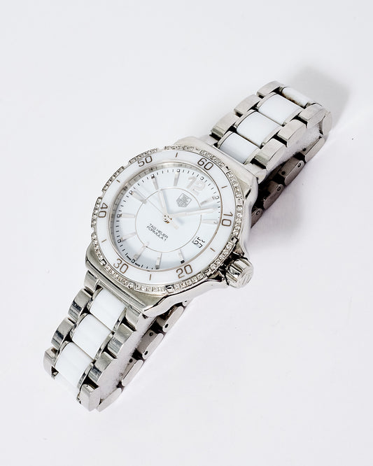 Tag Heuer Silver and White Ceramic & Sterling Silver with Diamonds Formula 1 Ladies Watch