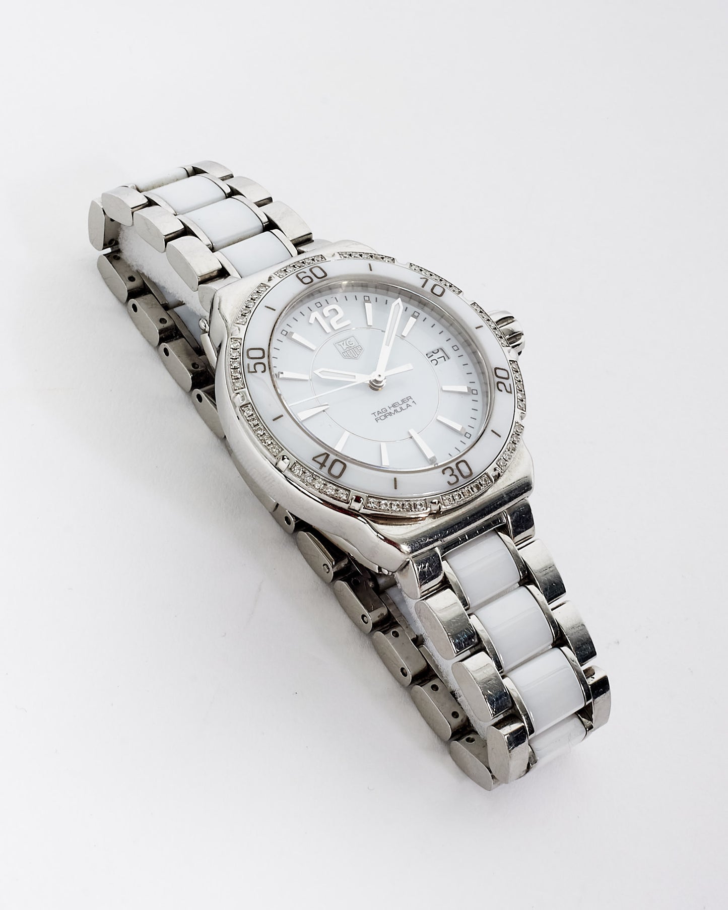 Tag Heuer Silver and White Ceramic & Sterling Silver with Diamonds Formula 1 Ladies Watch