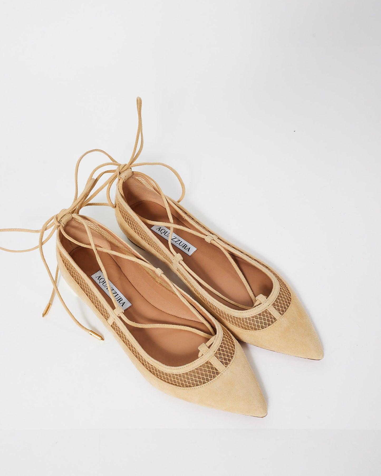 Aquazzura Beige Suede & Mesh Accents Lace Up Pointed Toe Ballet Flats - 38