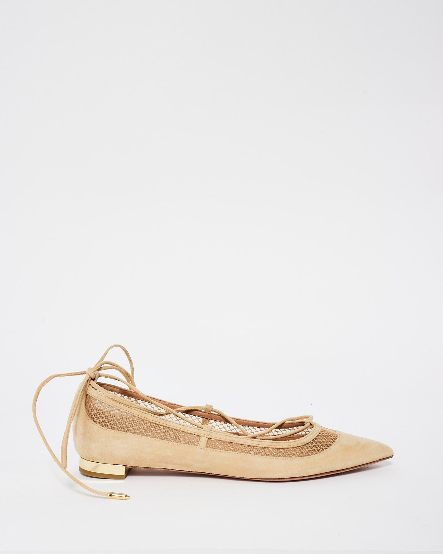 Aquazzura Beige Suede & Mesh Accents Lace Up Pointed Toe Ballet Flats - 38