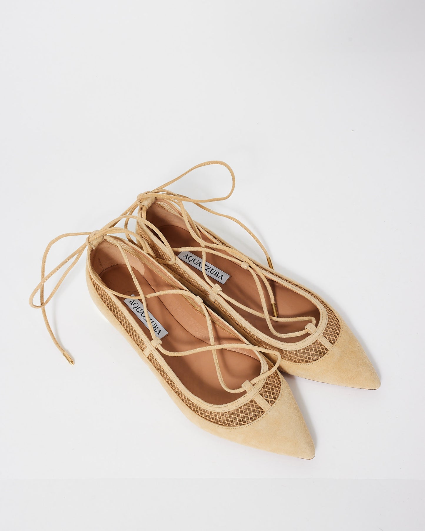 Aquazzura Beige Suede & Mesh Accents Lace Up Pointed Toe Ballet Flats - 38