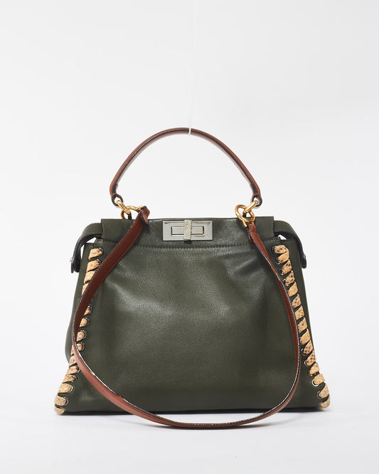 Fendi Army Green Calfskin Leather Elaphe Lace Up Medium Peekaboo