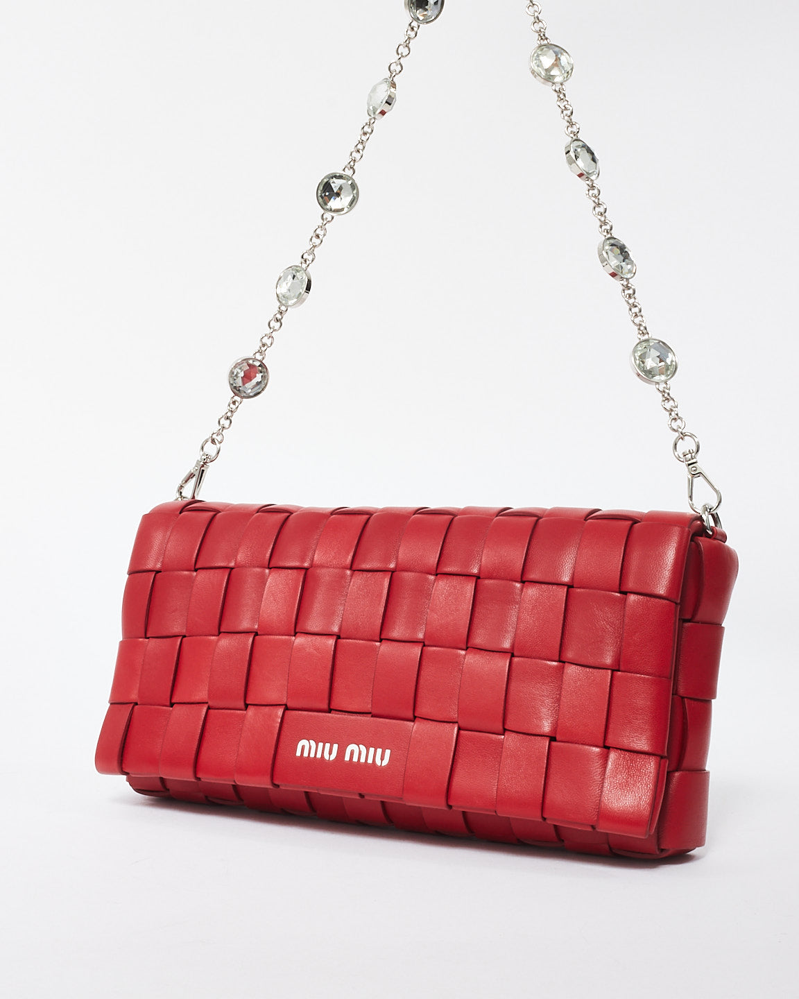 Miu Miu Red Woven Leather Crystal Cloqué Bag