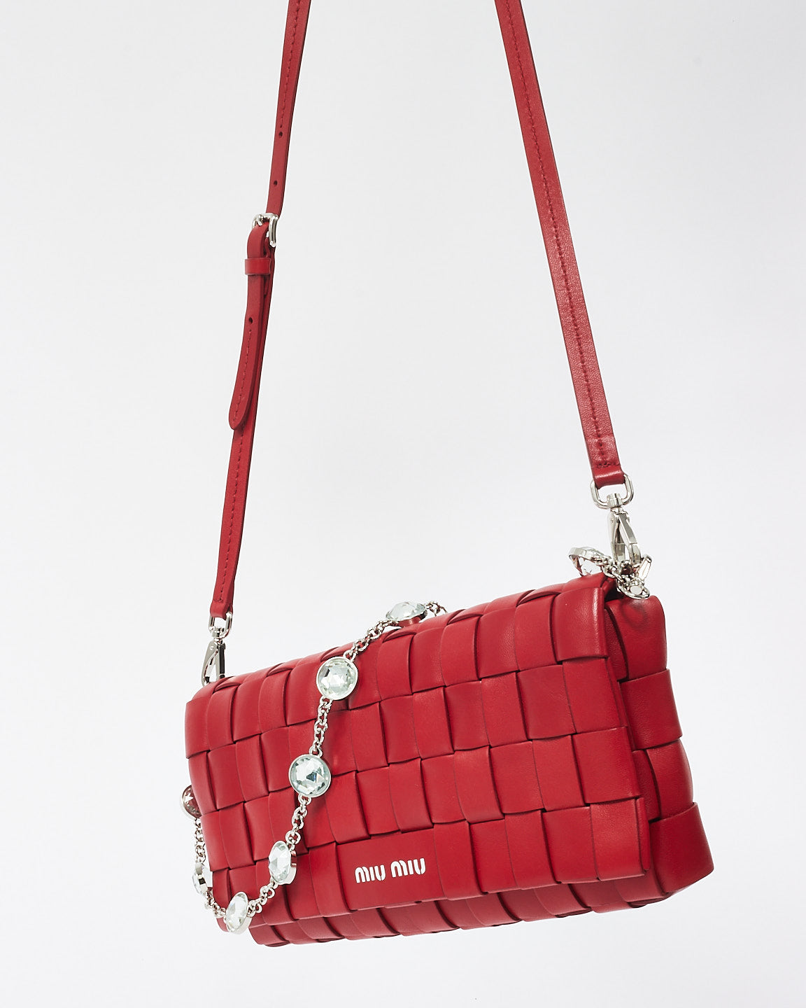 Miu Miu Red Woven Leather Crystal Cloqué Bag