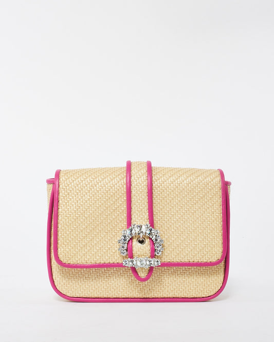 Jimmy Choo Pink Leather Trim Raffia Crystal Embellished Buckle Crossbody Bag