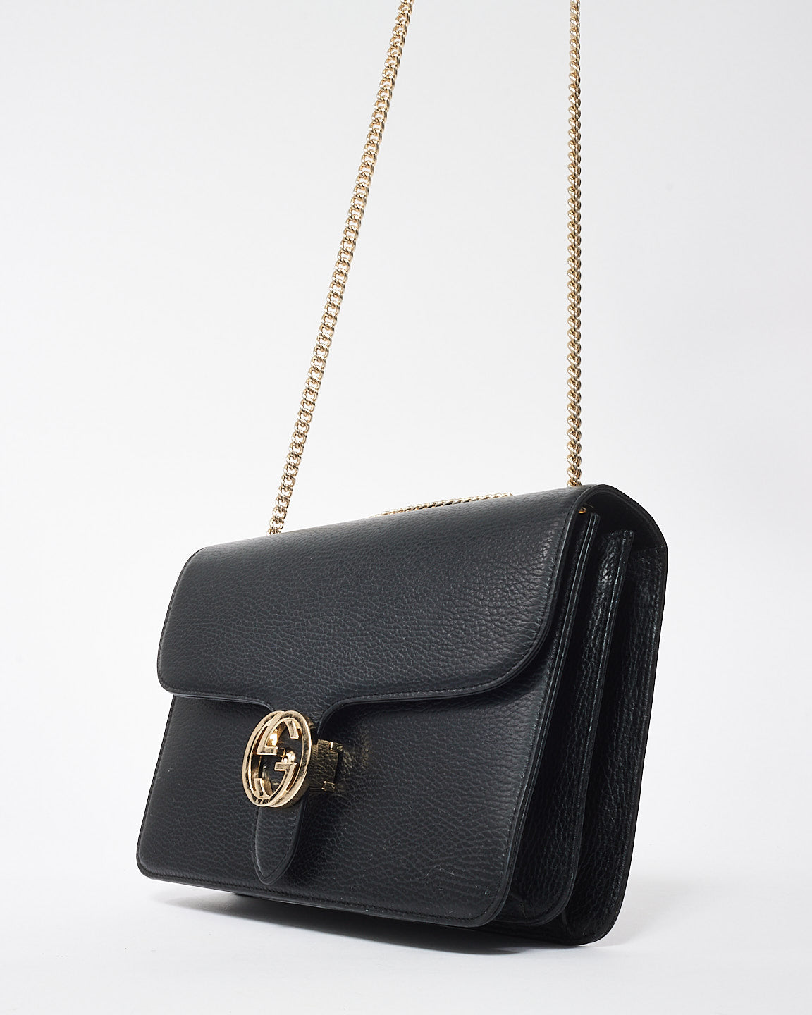 Gucci Black Leather Interlocking G Dollar Flap Shoulder Bag