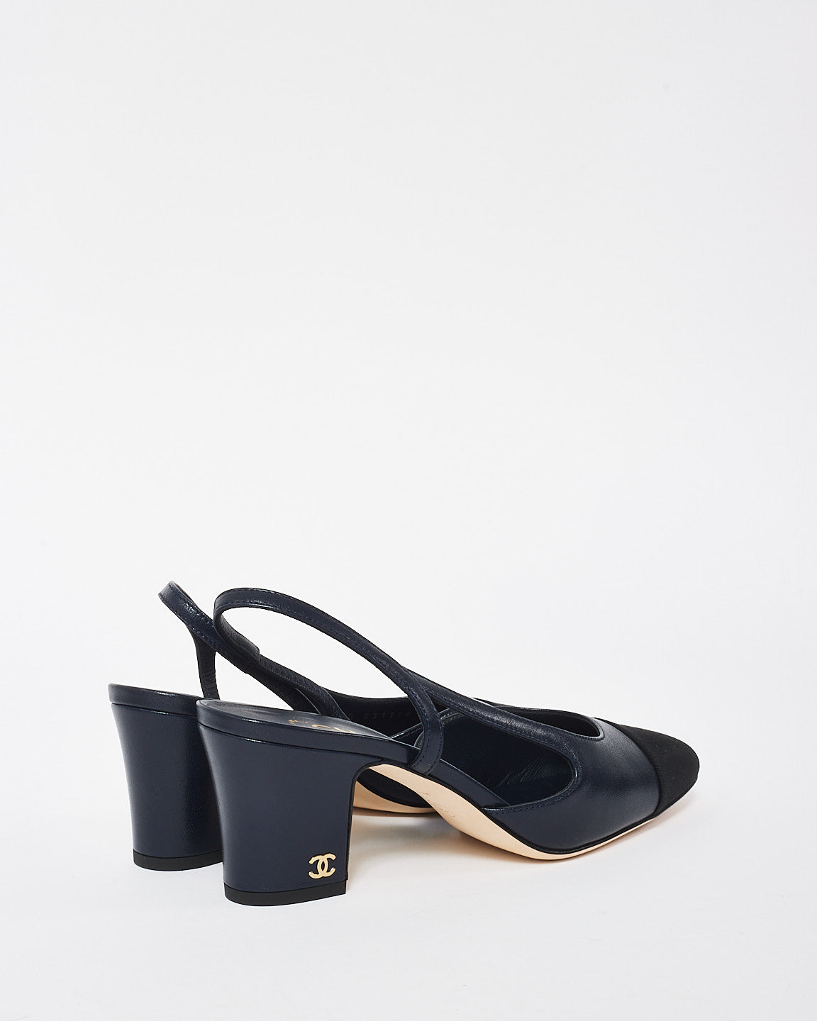 Chanel Navy and Black Leather Block Heel Slingbacks - 37