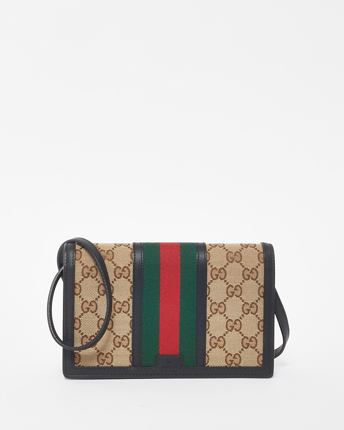 Gucci Black Leather & Beige GG Monogram Canvas Web Wallet On Strap Crossbody Bag