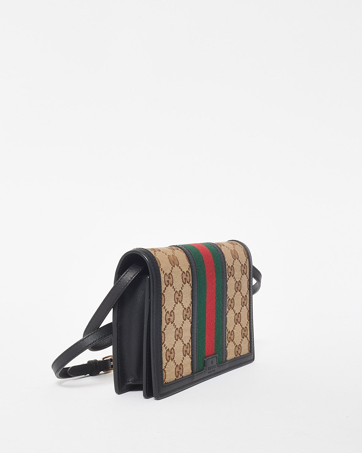 Gucci Black Leather & Beige GG Monogram Canvas Web Wallet On Strap Crossbody Bag