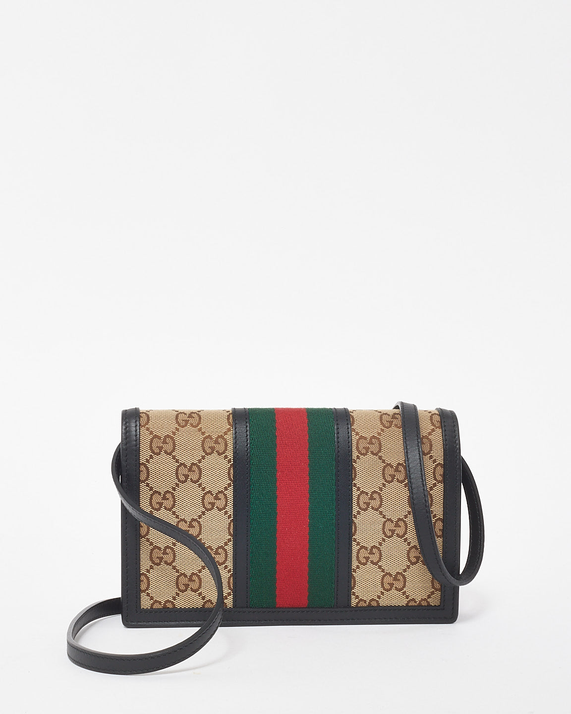 Gucci Black Leather & Beige GG Monogram Canvas Web Wallet On Strap Crossbody Bag