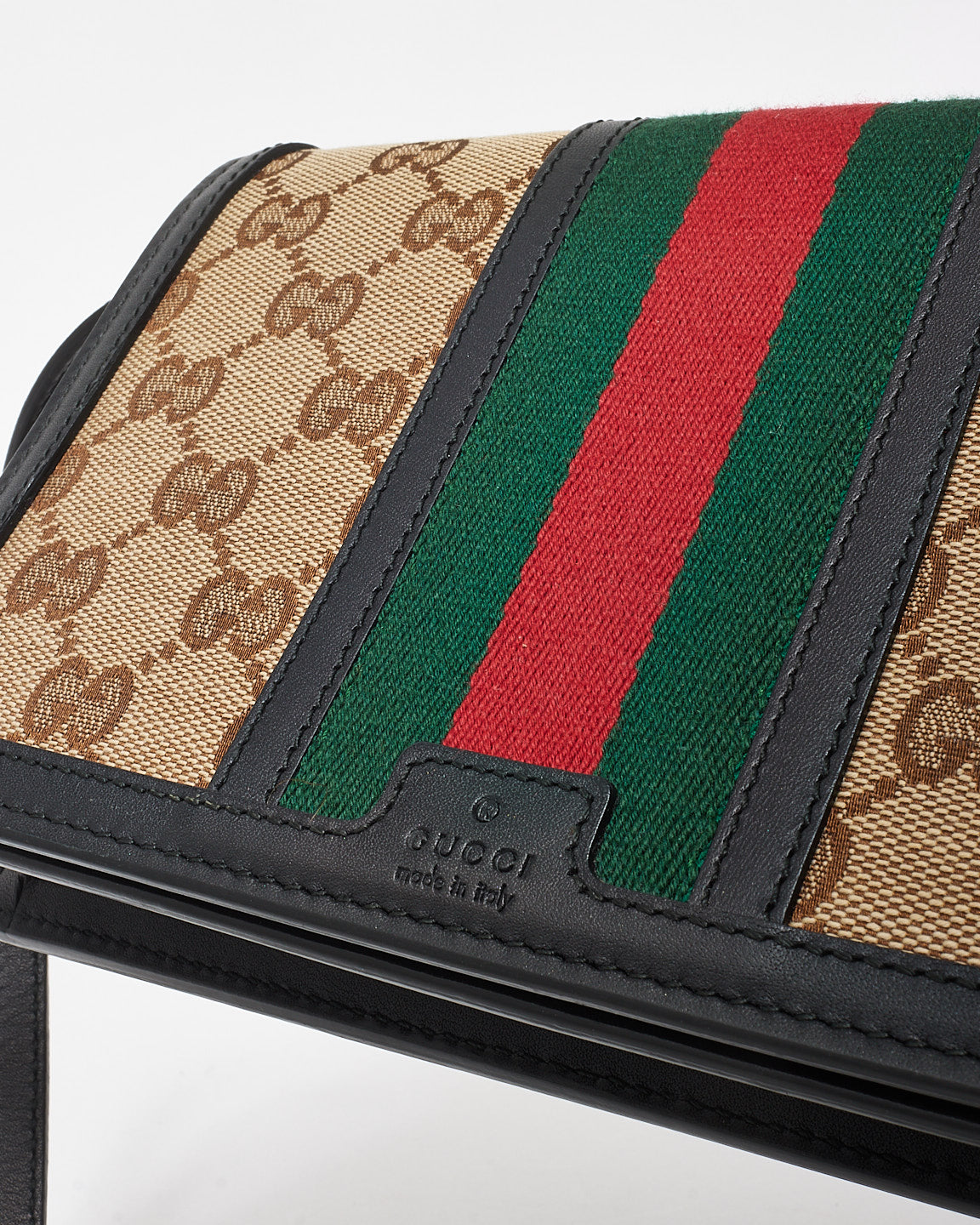 Gucci Black Leather & Beige GG Monogram Canvas Web Wallet On Strap Crossbody Bag