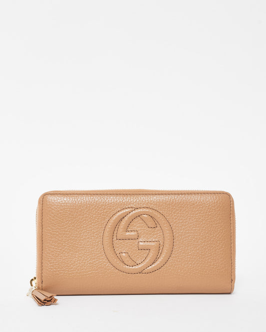 Gucci Beige Leather Embossed Logo Soho Zip Long Wallet