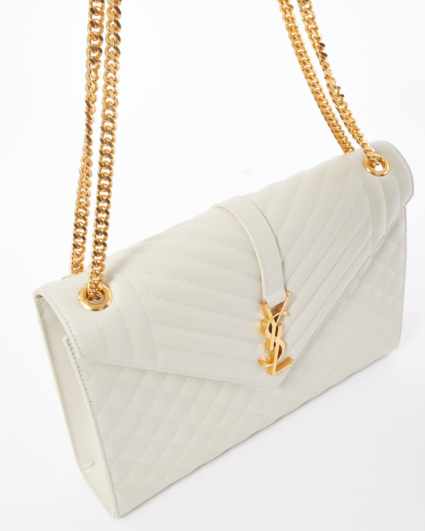 Saint Laurent Ivory Grain De Poude Tri-Quilt Large Envelope Bag