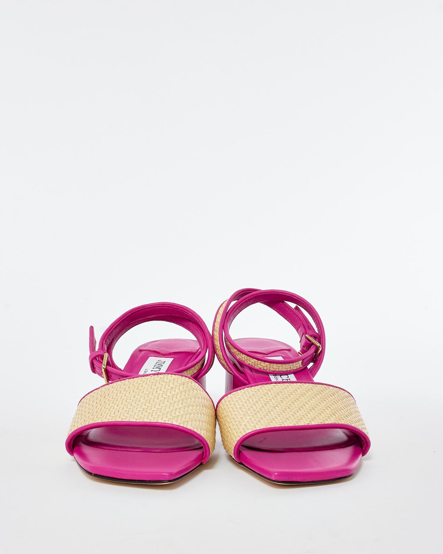 Jimmy Choo Pink Leather & Raffia Block Heel Sandals - 36.5