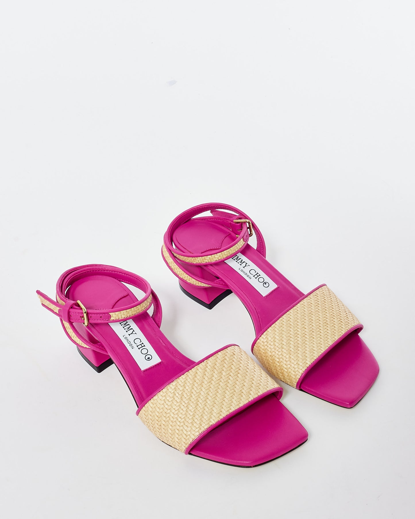 Jimmy Choo Pink Leather & Raffia Block Heel Sandals - 36.5