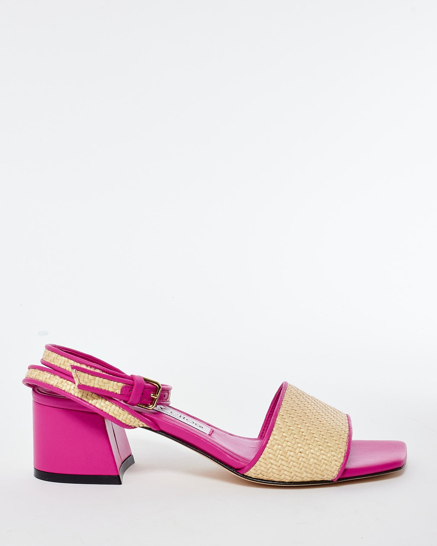 Jimmy Choo Pink Leather & Raffia Block Heel Sandals - 36.5