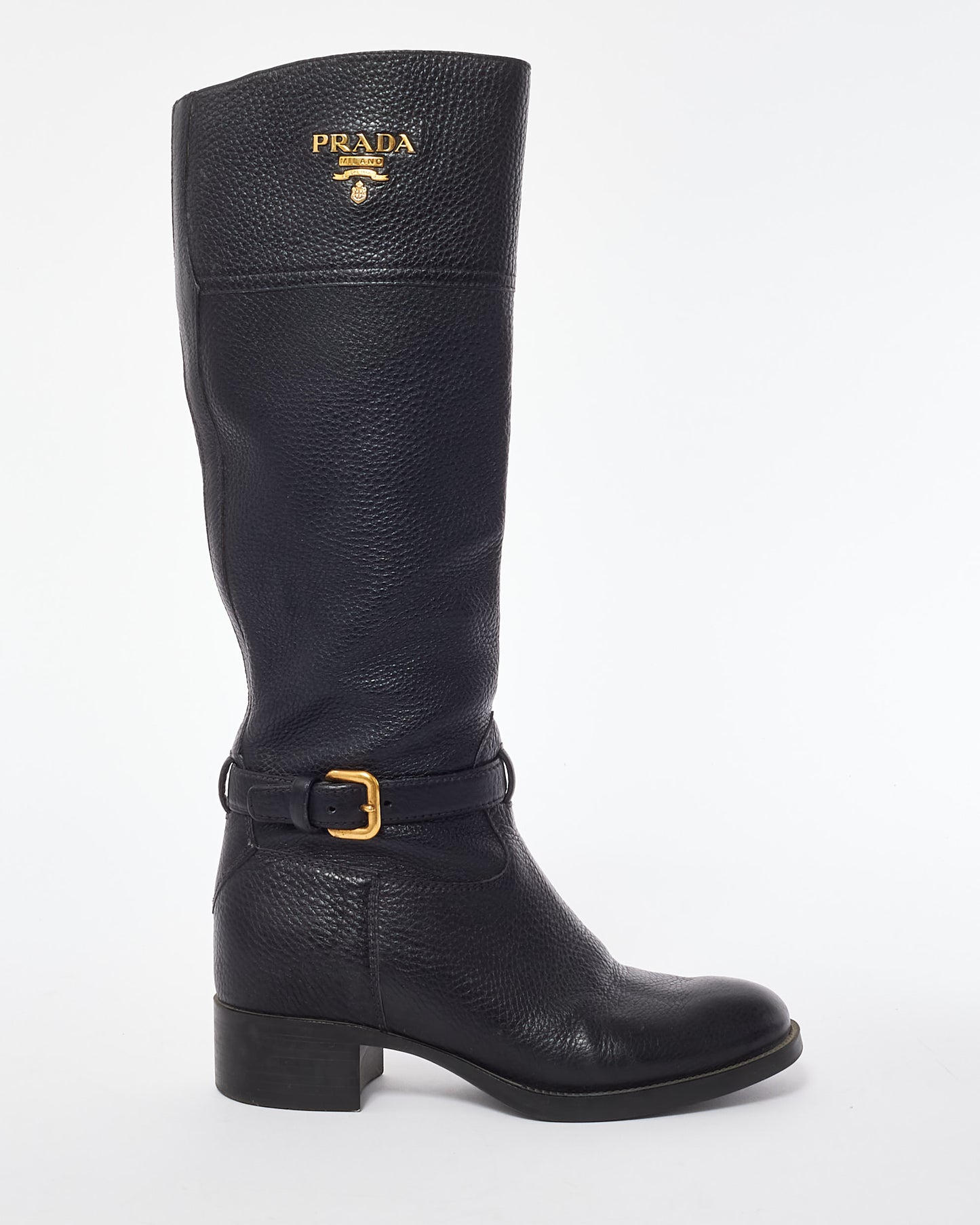 Prada Black Leather Knee High Logo Boots - 7.5