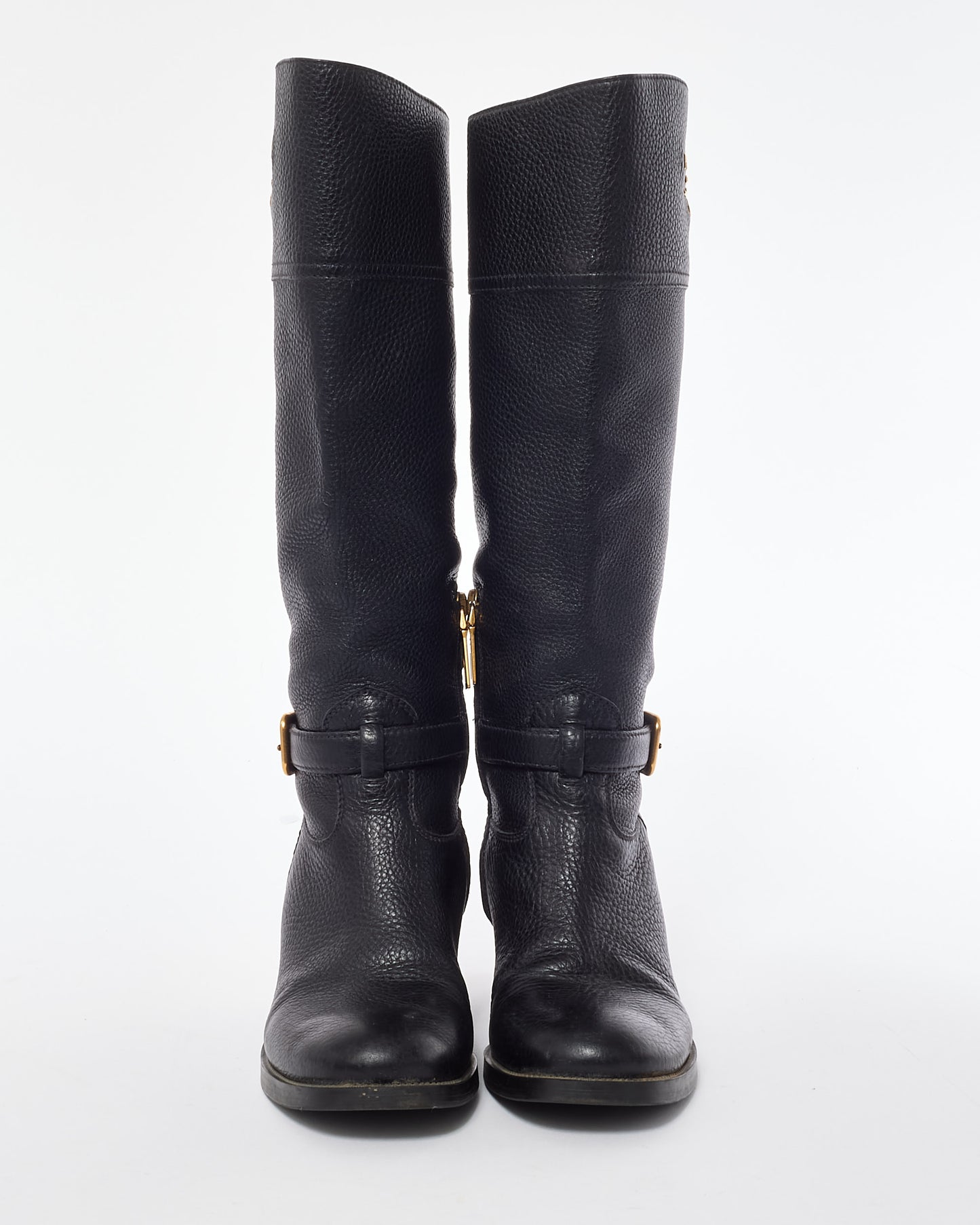 Prada Black Leather Knee High Logo Boots - 7.5