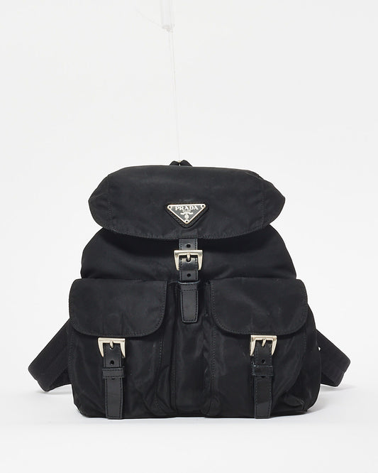 Prada Black Tessuto Nylon Double Pocket Buckle Small Backpack