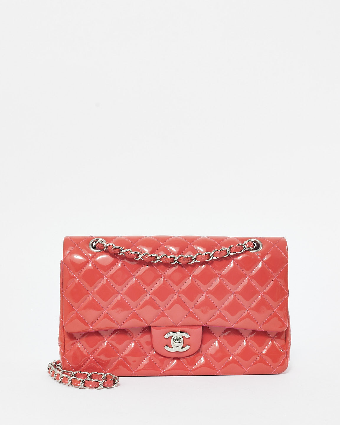 Chanel Coral Patent Leather & Pink Leather Interior Medium Classic Double Flap Bag