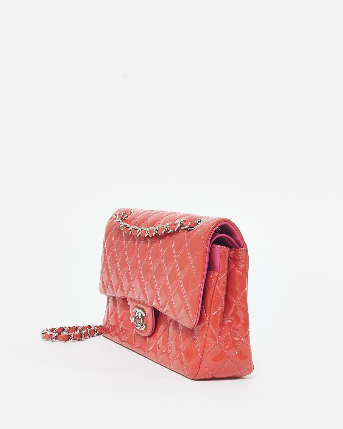 Chanel Coral Patent Leather & Pink Leather Interior Medium Classic Double Flap Bag