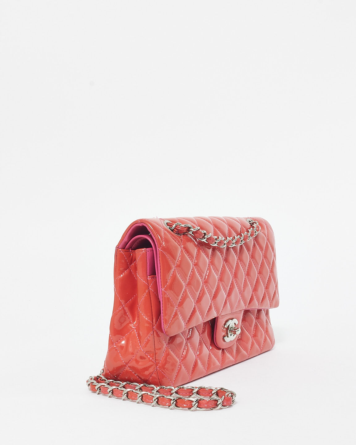 Chanel Coral Patent Leather & Pink Leather Interior Medium Classic Double Flap Bag