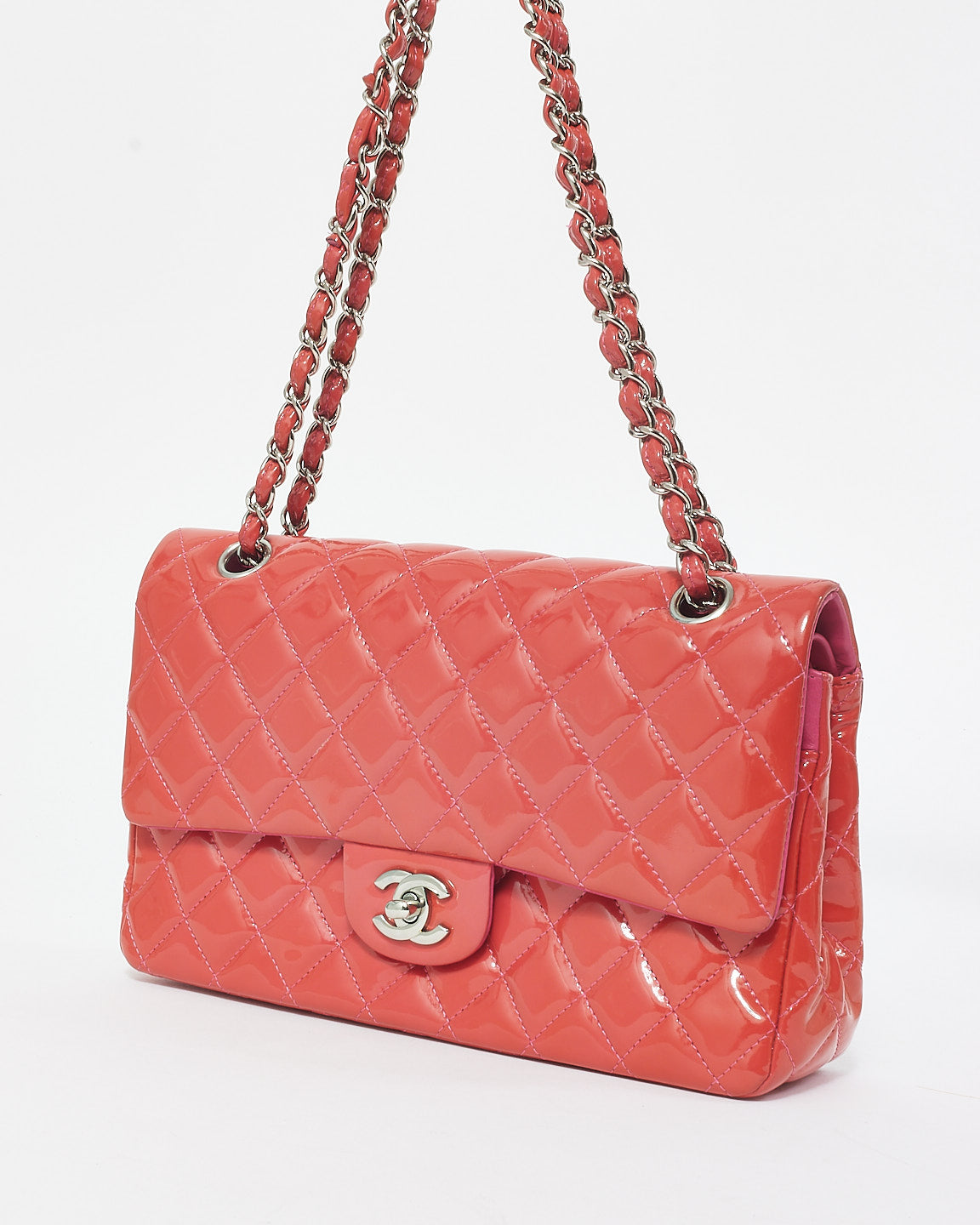 Chanel Coral Patent Leather & Pink Leather Interior Medium Classic Double Flap Bag