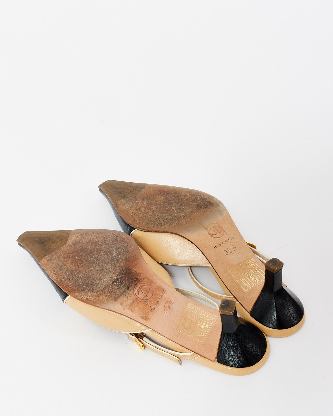 Chanel Vintage Beige & Black Cap Toe Mule Pumps - 35.5