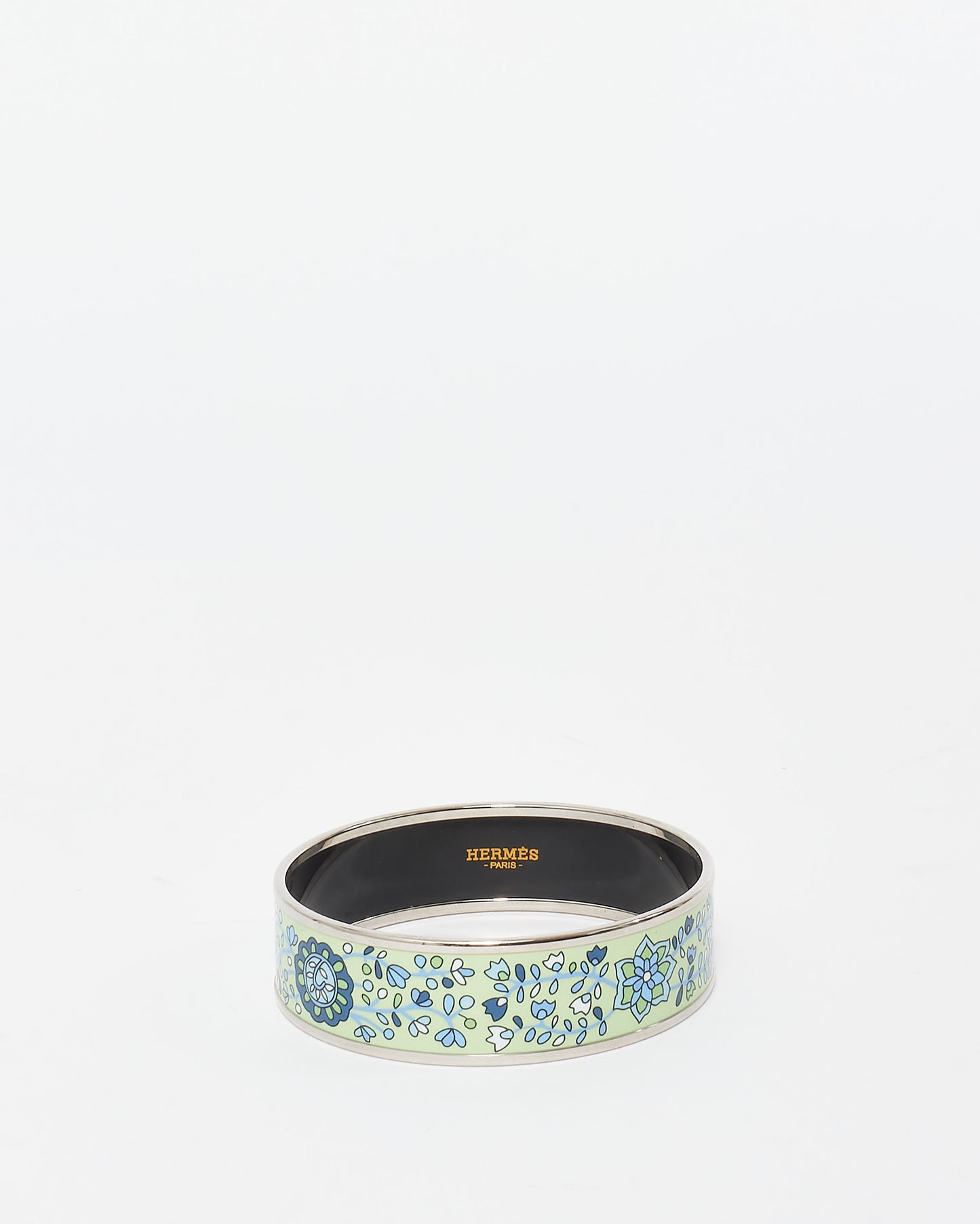 Hermès Green Floral Enamel Wide Bangle Bracelet