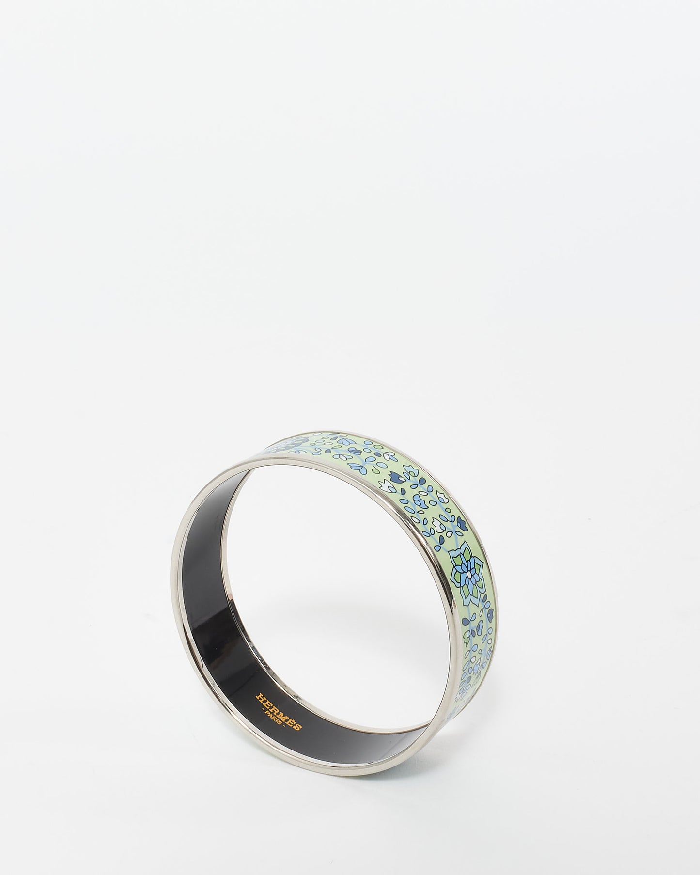 Hermès Green Floral Enamel Wide Bangle Bracelet