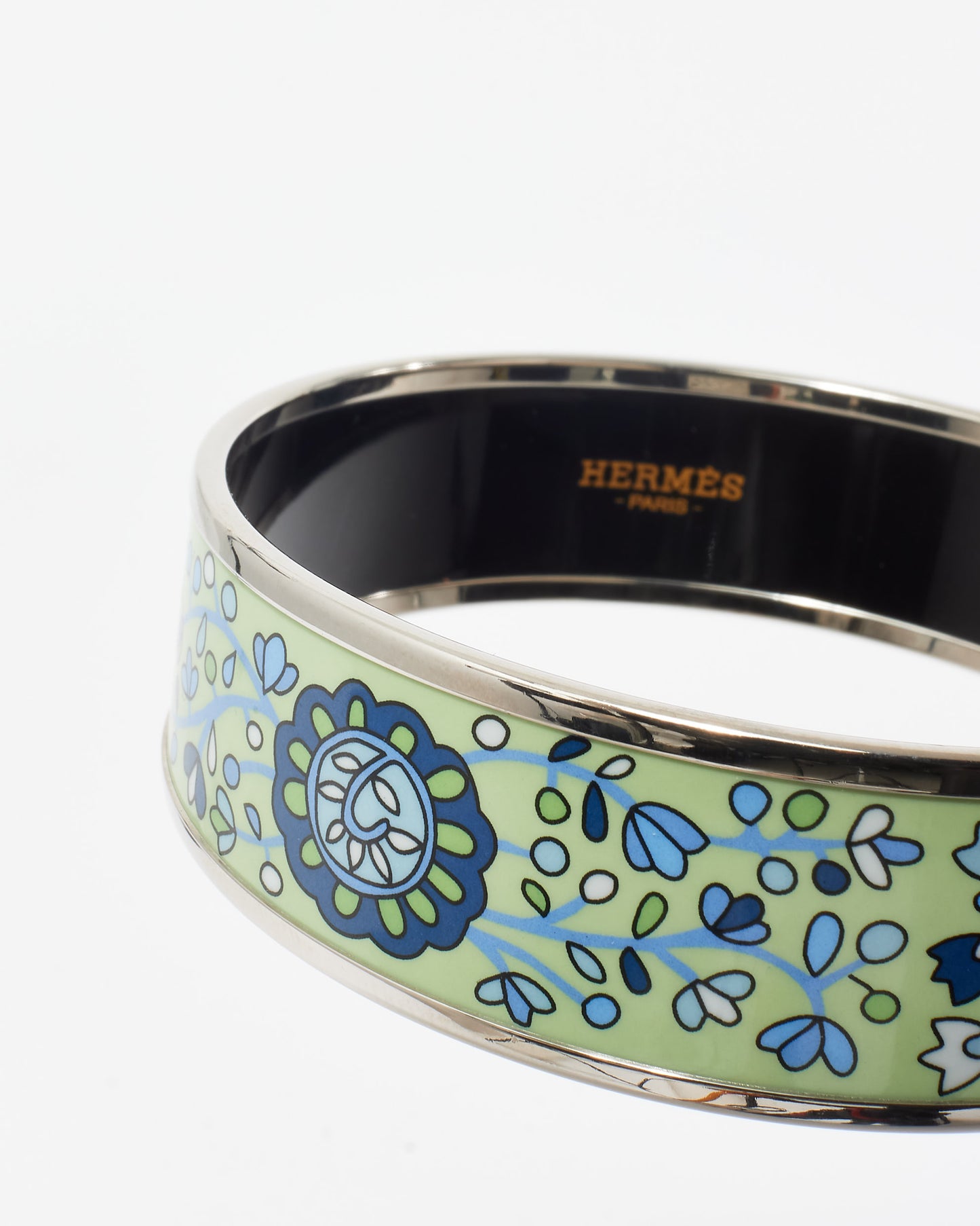 Hermès Green Floral Enamel Wide Bangle Bracelet