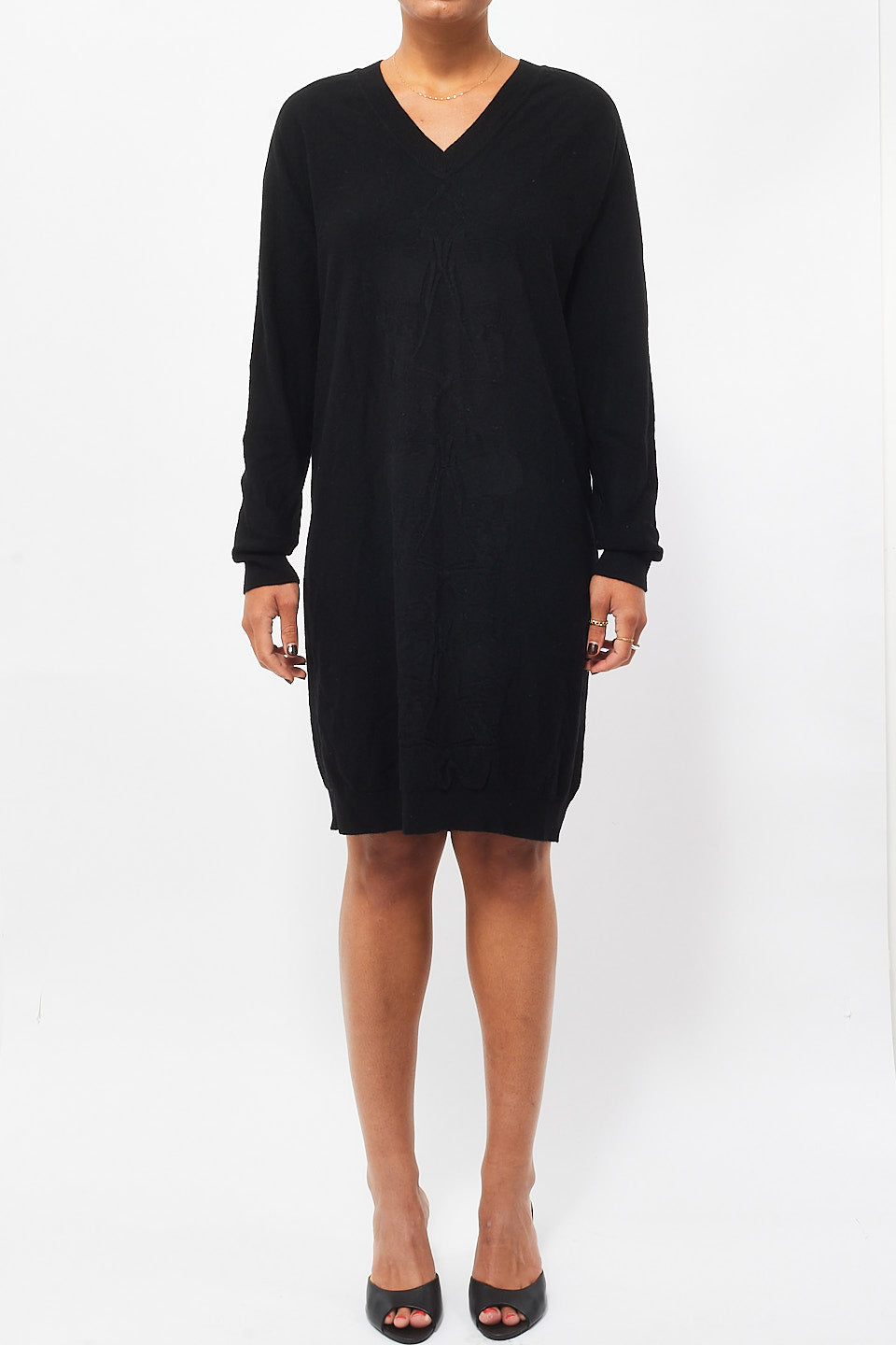 Hermès Black Wool & Cashmere V-Neck Long Sleeve Sweater Dress - 36