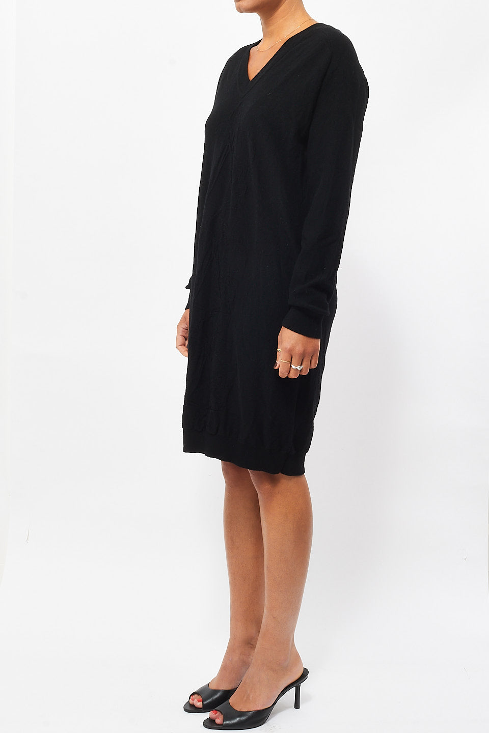 Hermès Black Wool & Cashmere V-Neck Long Sleeve Sweater Dress - 36