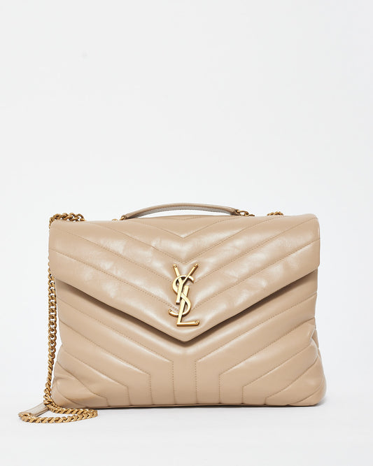 Saint Laurent Beige Chevron Leather Medium Loulou Shoulder Bag GHW