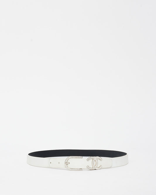 Chanel White Leather & Crystal Logo Belt - 75/30