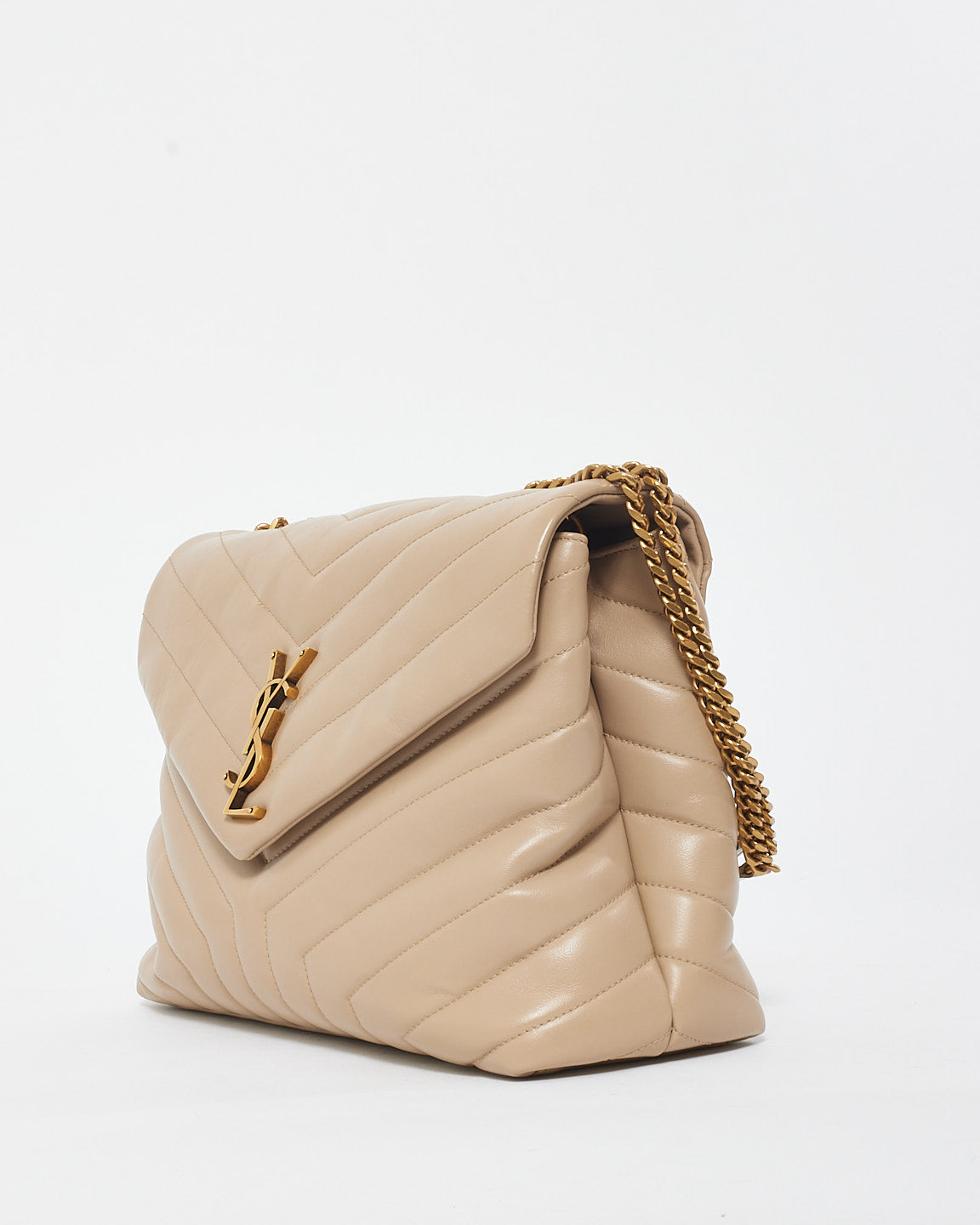 Saint Laurent Beige Chevron Leather Medium Loulou Shoulder Bag GHW