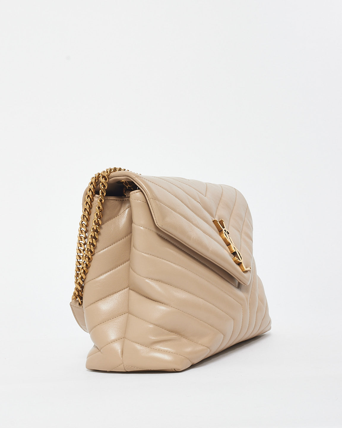 Saint Laurent Beige Chevron Leather Medium Loulou Shoulder Bag GHW