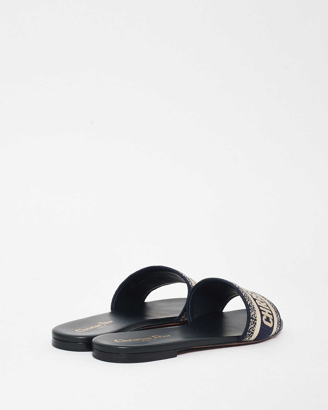 Dior Navy Blue & Cream Embroidered Cotton D WAY Slides - 41