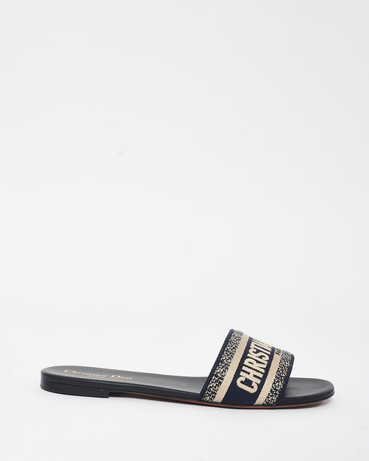 Dior Navy Blue & Cream Embroidered Cotton D WAY Slides - 41