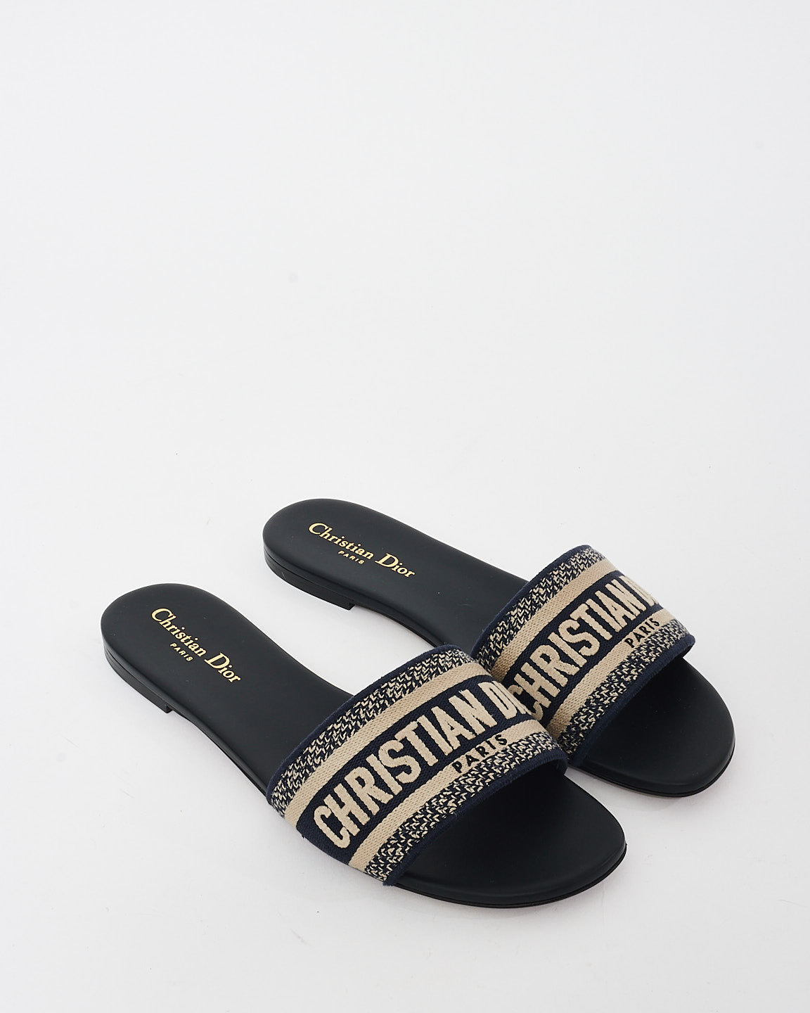 Dior Navy Blue & Cream Embroidered Cotton D WAY Slides - 41