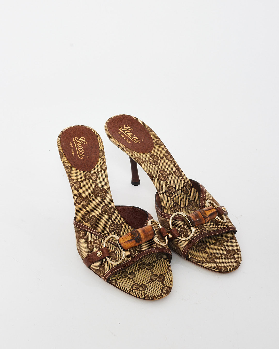 Gucci Vintage Brown Monogram Canvas & Bamboo Horsebit Mule Heel Sandals - 7.5B