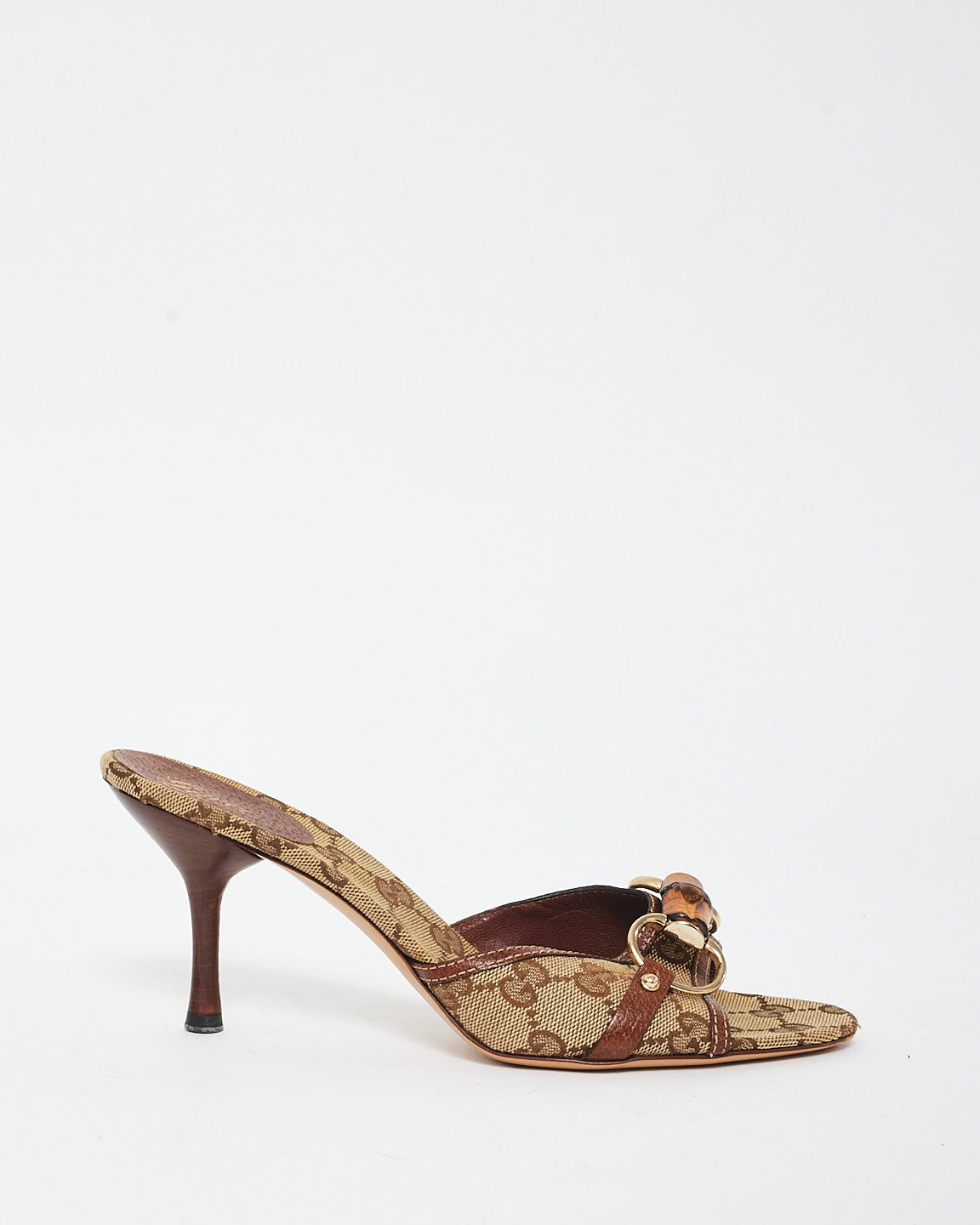 Gucci Vintage Brown Monogram Canvas & Bamboo Horsebit Mule Heel Sandals - 7.5B