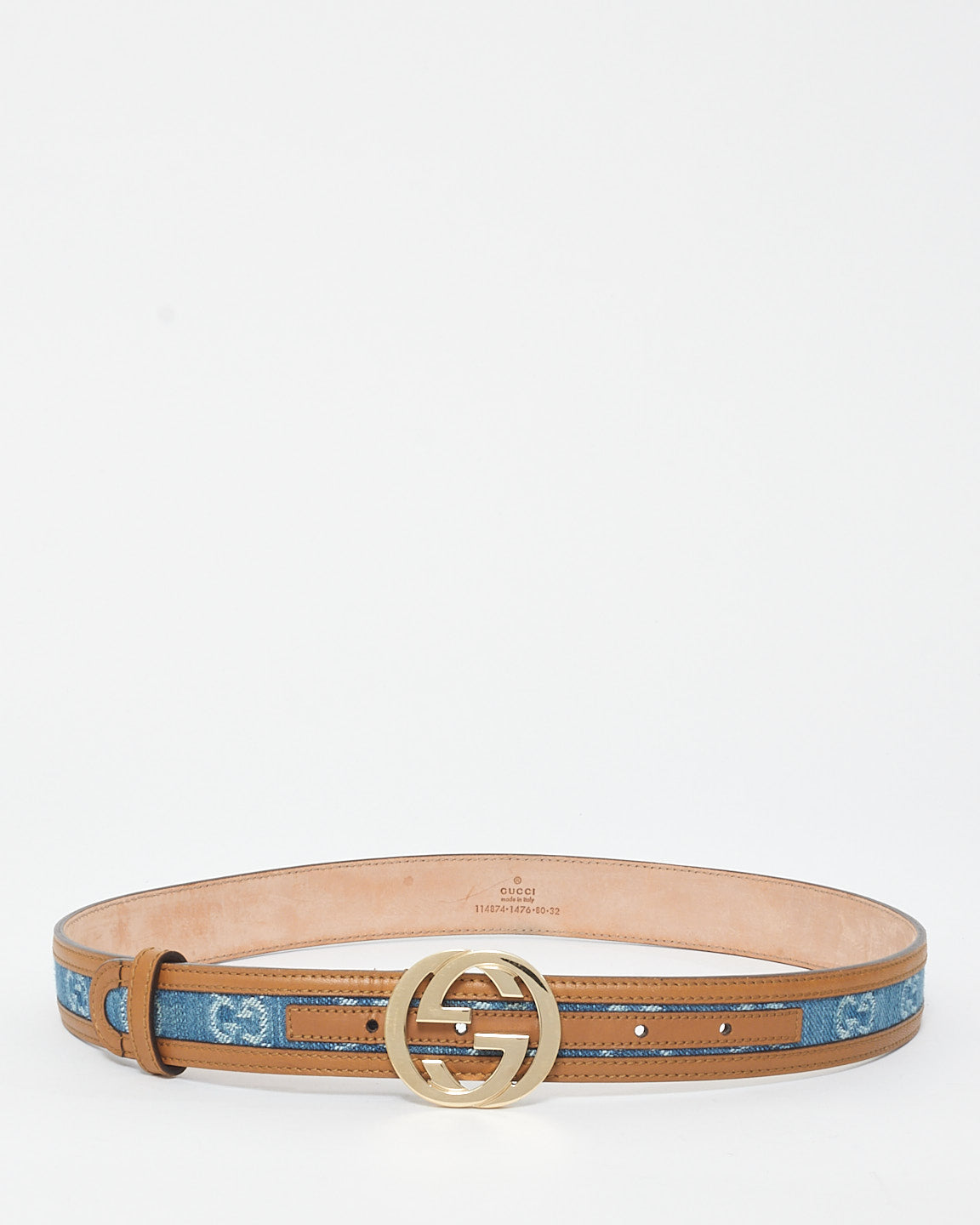 Gucci Brown Leather & Denim Monogram Logo Belt - 80/32