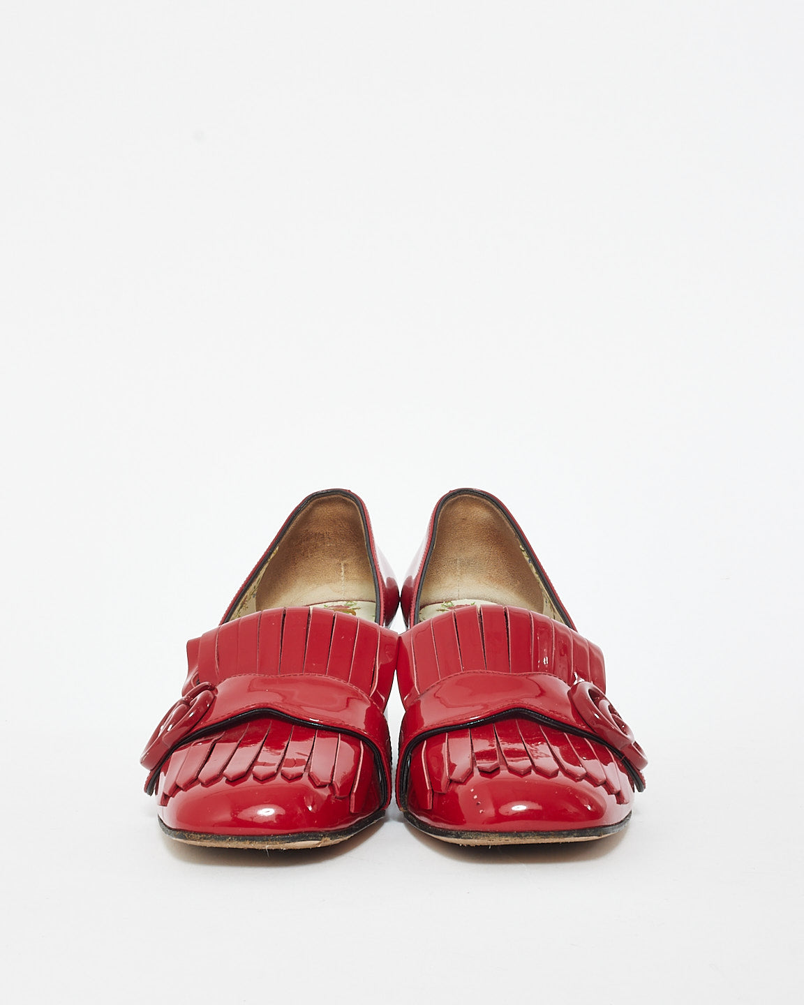 Gucci Red Patent Leather Marmont Fringe Block Heel Loafers - 37.5