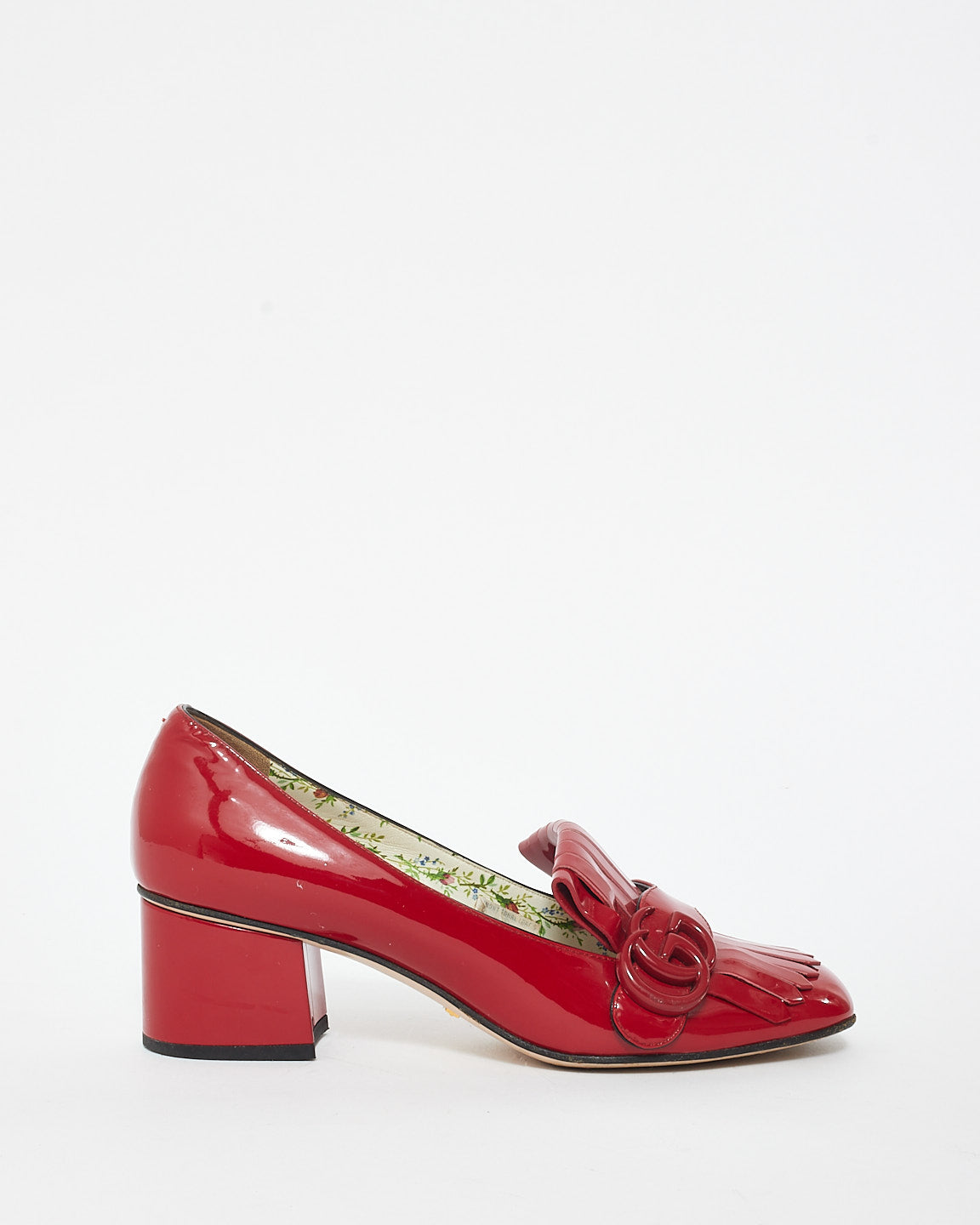 Gucci Red Patent Leather Marmont Fringe Block Heel Loafers - 37.5