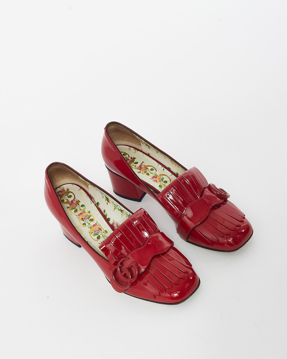 Gucci Red Patent Leather Marmont Fringe Block Heel Loafers 37.5